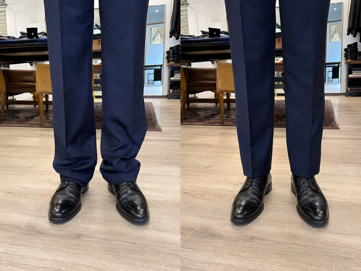 Voor en na het verkorten van een marineblauw pantalon — links te lang, rechts perfecte lengte