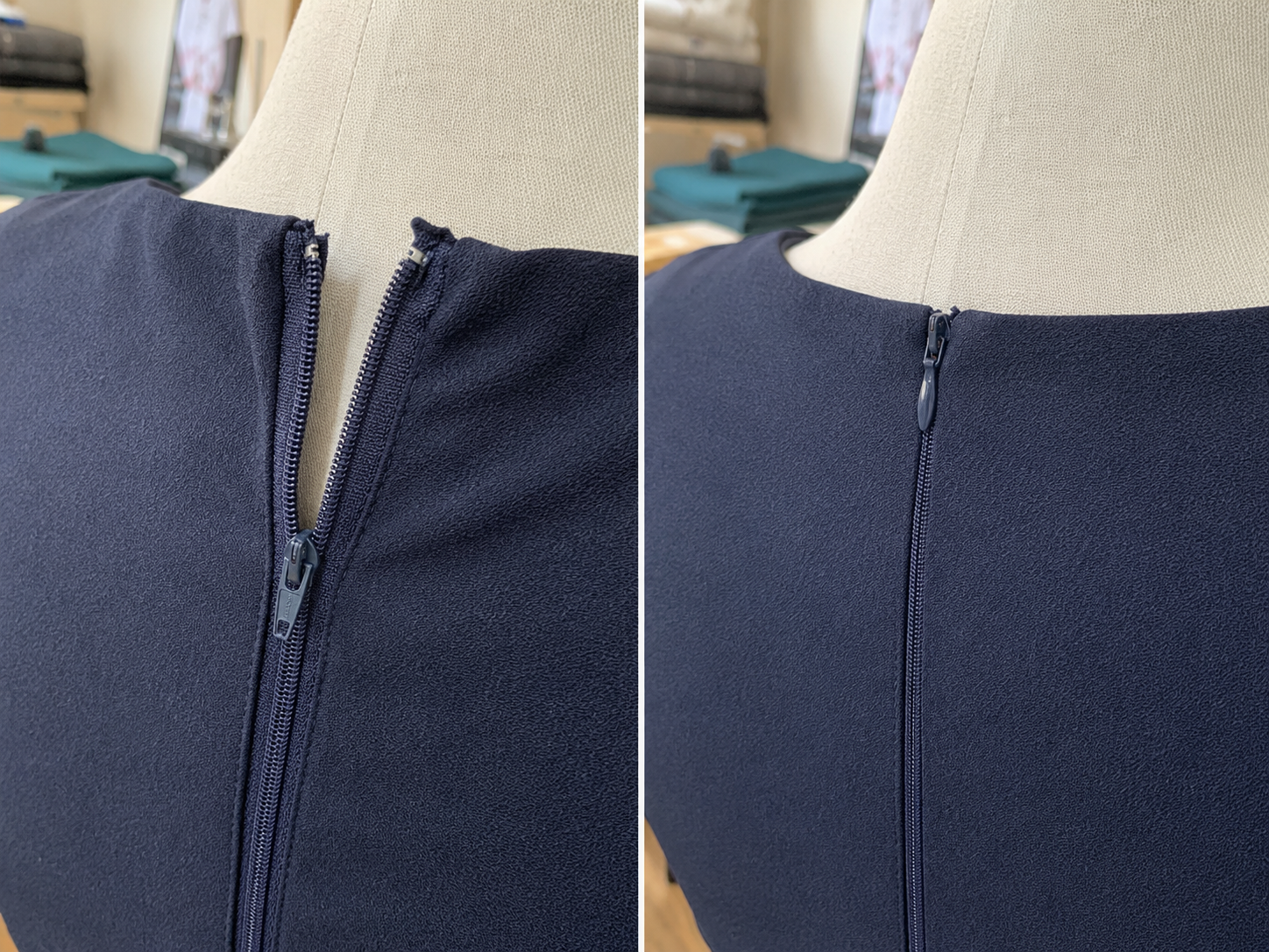 Voor en na het vervangen van een rits in een marineblauw kledingstuk — links een defecte rafelige rits, rechts een nieuwe strakke rits